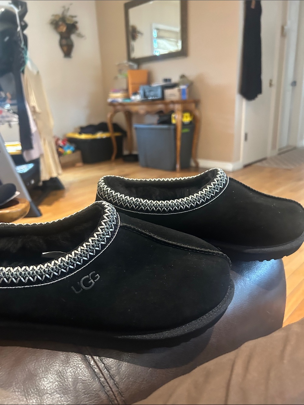 UGG New Black Suede Slip-On Cozy Slippers with Contrast Trim